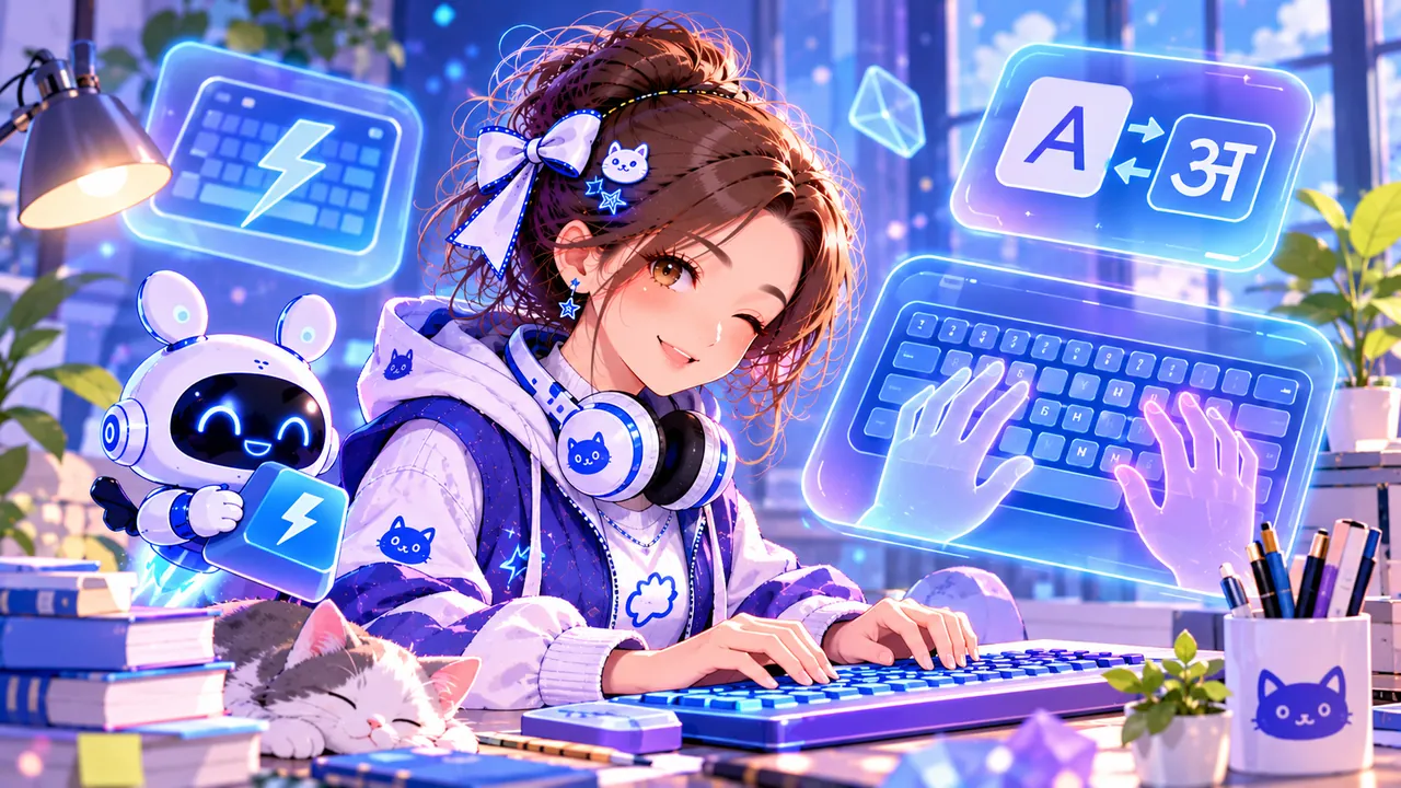 Tiny typing on a glowing keyboard with English and Hindi letter cards and a sleeping cat
