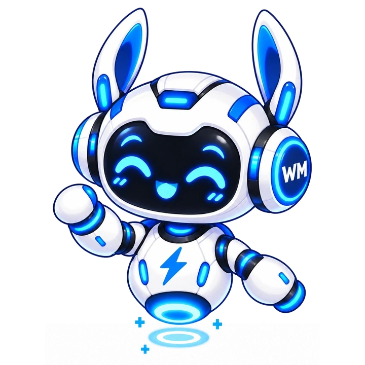 Bubble, a white and blue floating robot with bunny-ear headphones, a glowing smile and a lightning bolt on its chest, waving