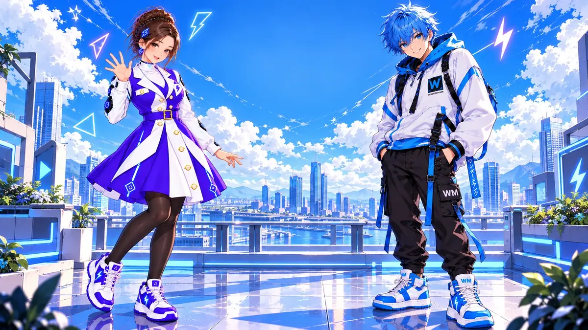 Tiny waves hello on the left and Byte smiles with his hands in his pockets on the right, on a bright rooftop