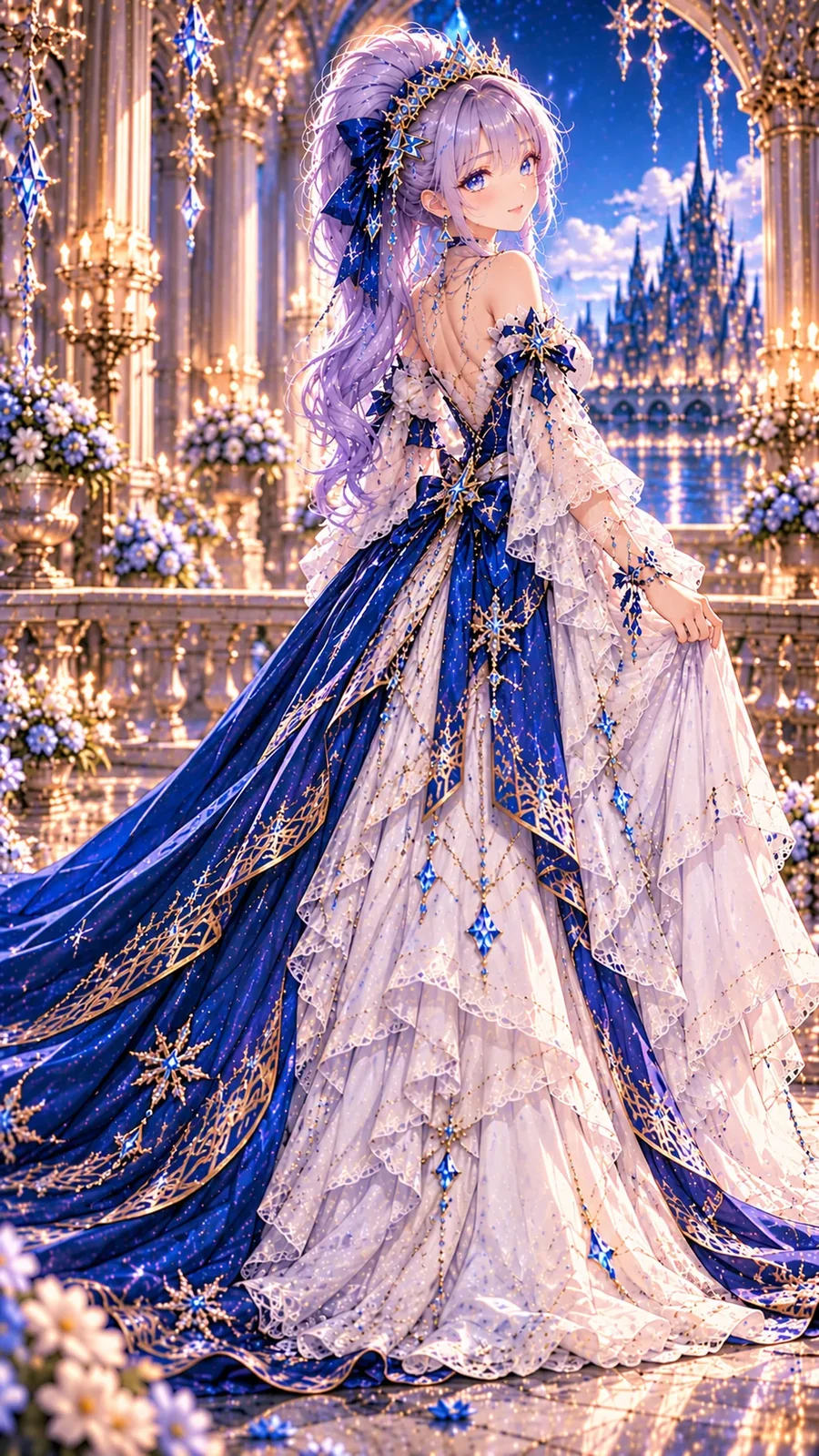 Mindmistress in a long navy and white lace ballgown with gold star details, a tiara and a ponytail of lavender hair, in a candlelit palace hall