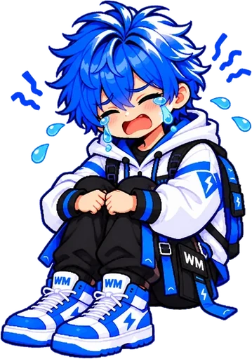 Byte sits and cries with big tears in pixel art