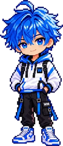 Byte smiles with his hands in his pockets in pixel art