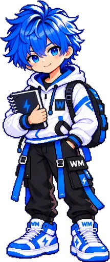 Byte holds a notebook in pixel art