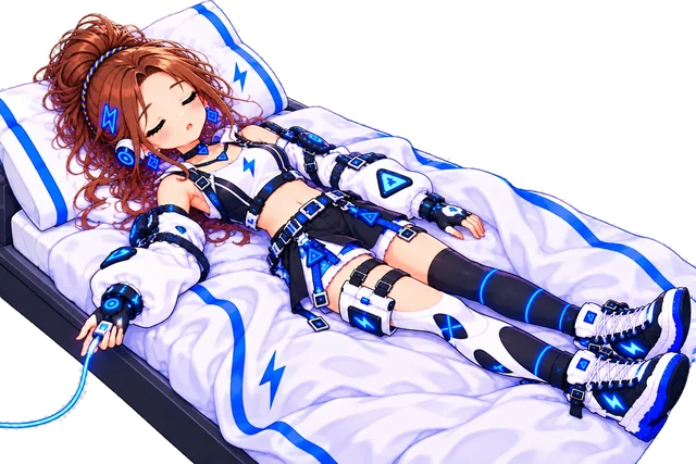 Tiny sleeps on a bed while a glowing cable charges her hand