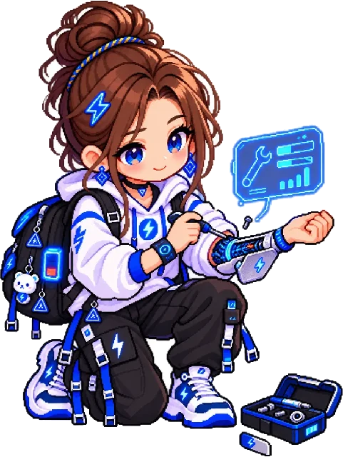 Tiny kneels and repairs a robotic arm with a screwdriver beside a toolbox and a glowing hologram