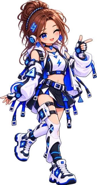 Tiny winks and points in a new white jacket, crop top and black skirt outfit