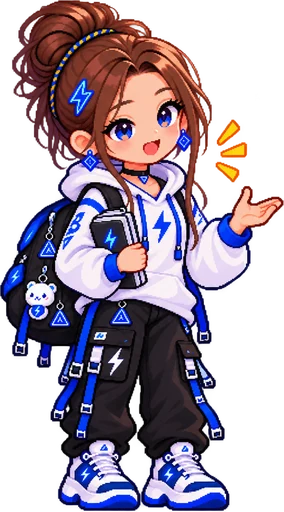 Tiny explains with an open hand in pixel art