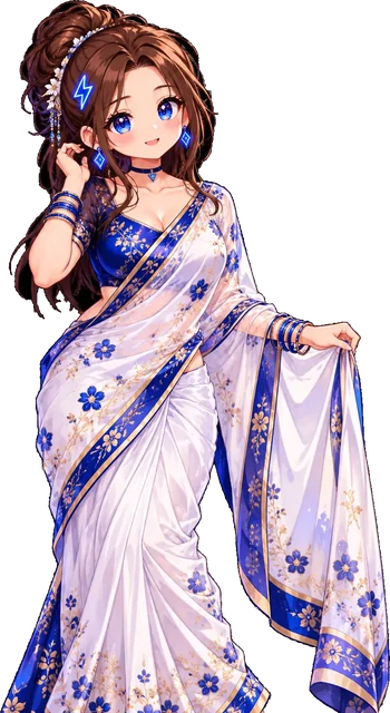 Tiny in a white and blue floral saree with gold borders and bangles