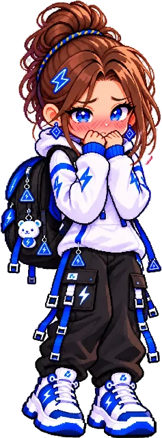 Tiny blushes and hides her smile behind her sleeves with hearts around her