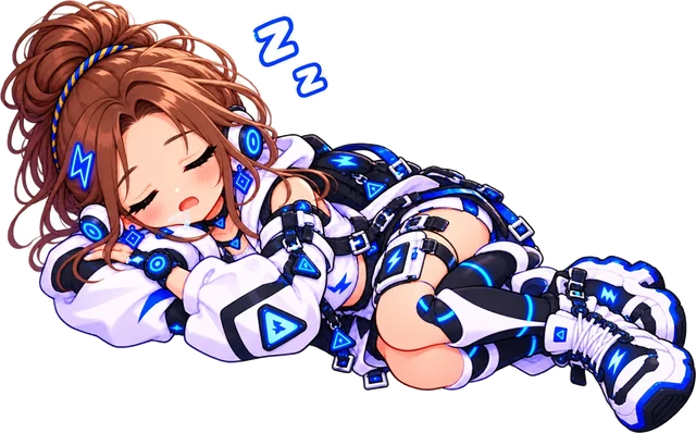 Tiny curled up asleep with a glowing Zzz