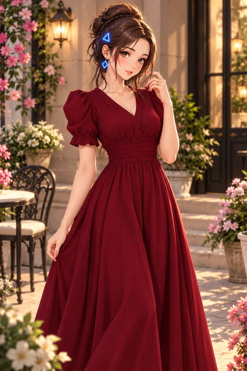 Tiny in a burgundy puff-sleeve maxi dress standing in a flower courtyard