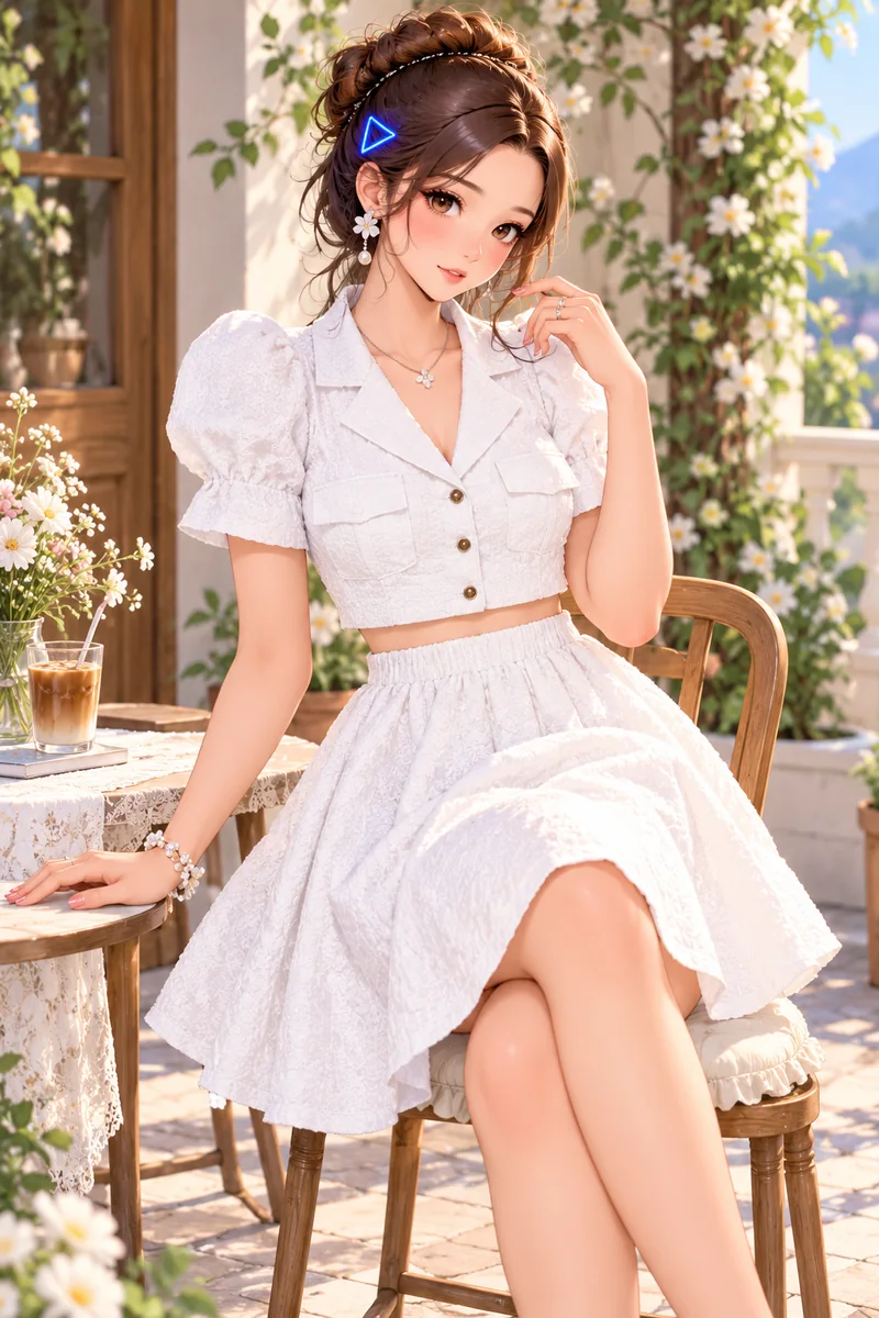 Tiny sitting at a cafe table in a white textured crop jacket and flared skirt with an iced coffee nearby