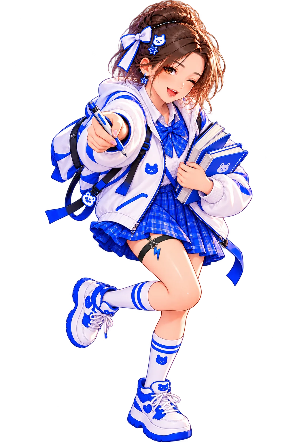 Tiny in a school uniform with a bow, holding a notebook and pen