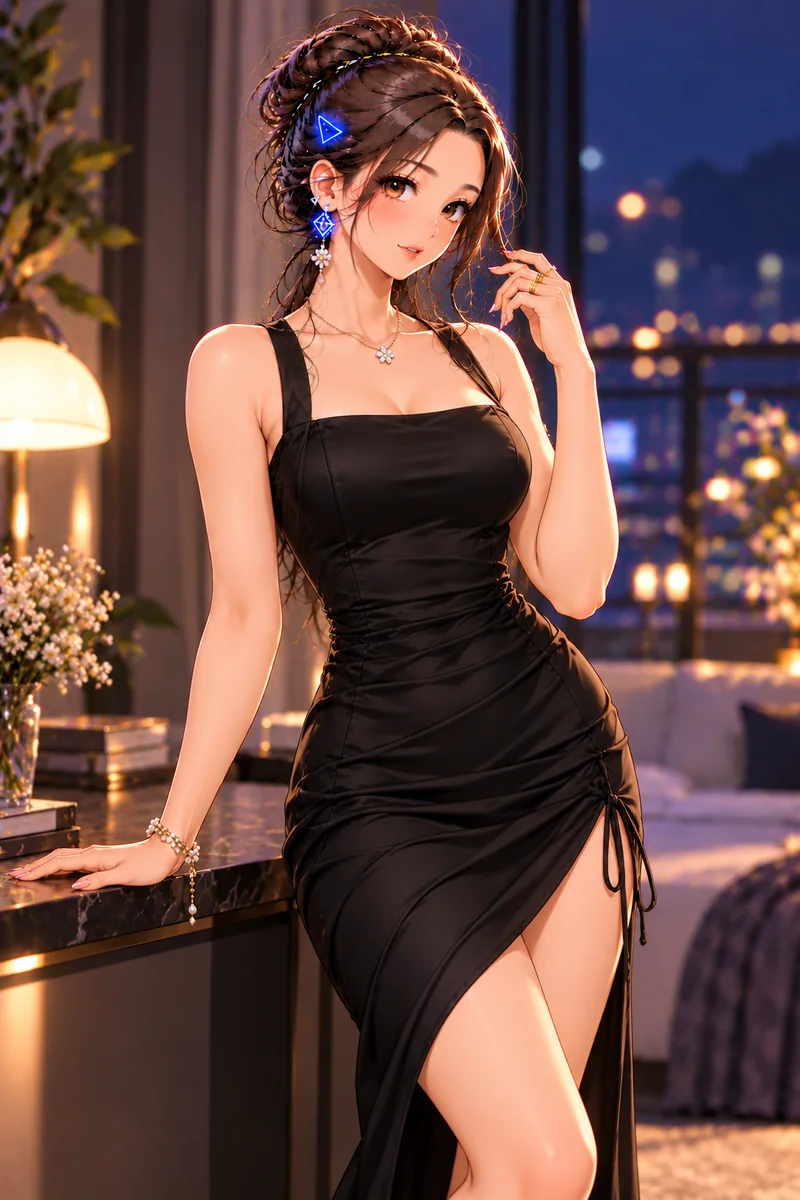 Tiny in a black evening dress with a side tie, leaning on a marble counter with city lights behind her