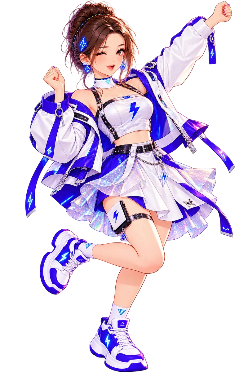 Tiny in a white and purple jacket with a ruffled skirt, arm raised in a dance pose