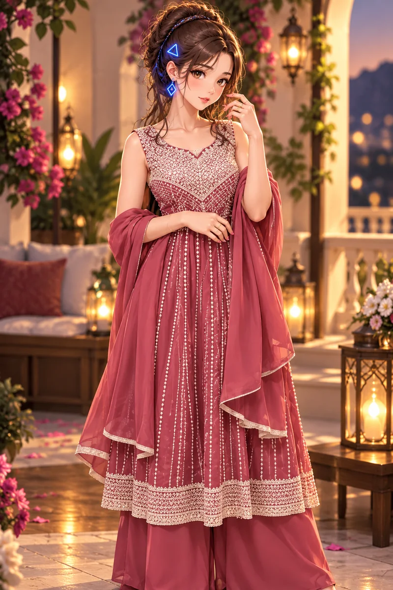 Tiny in a rose-pink embroidered anarkali suit with a dupatta and palazzo pants among lanterns and flowers