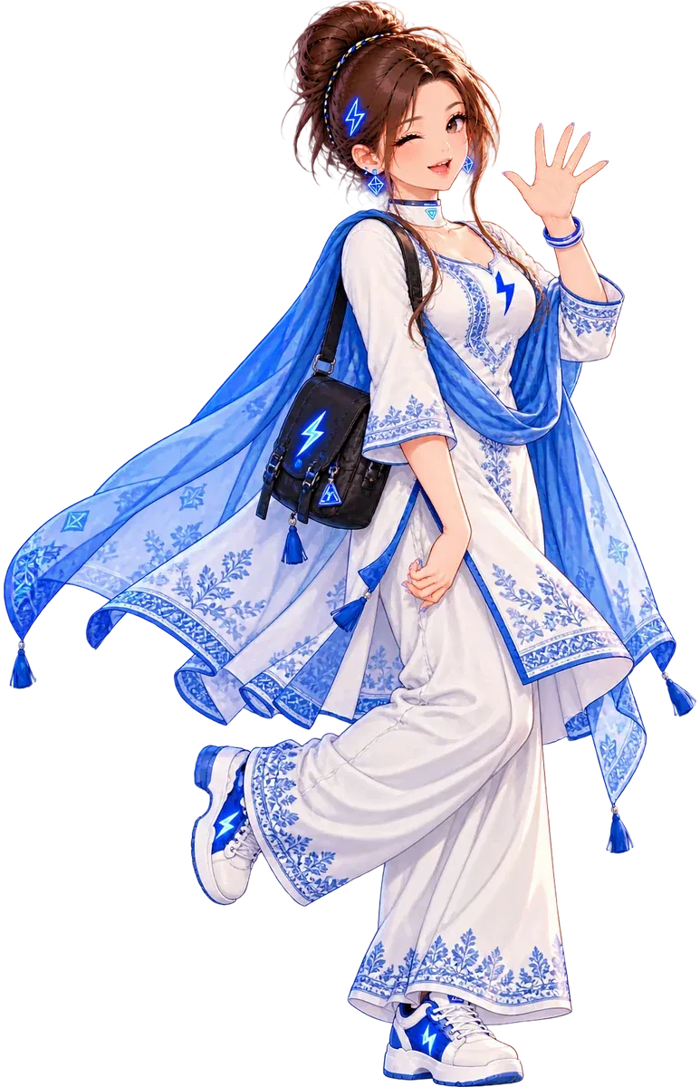 Tiny in a white and blue embroidered outfit with a dupatta