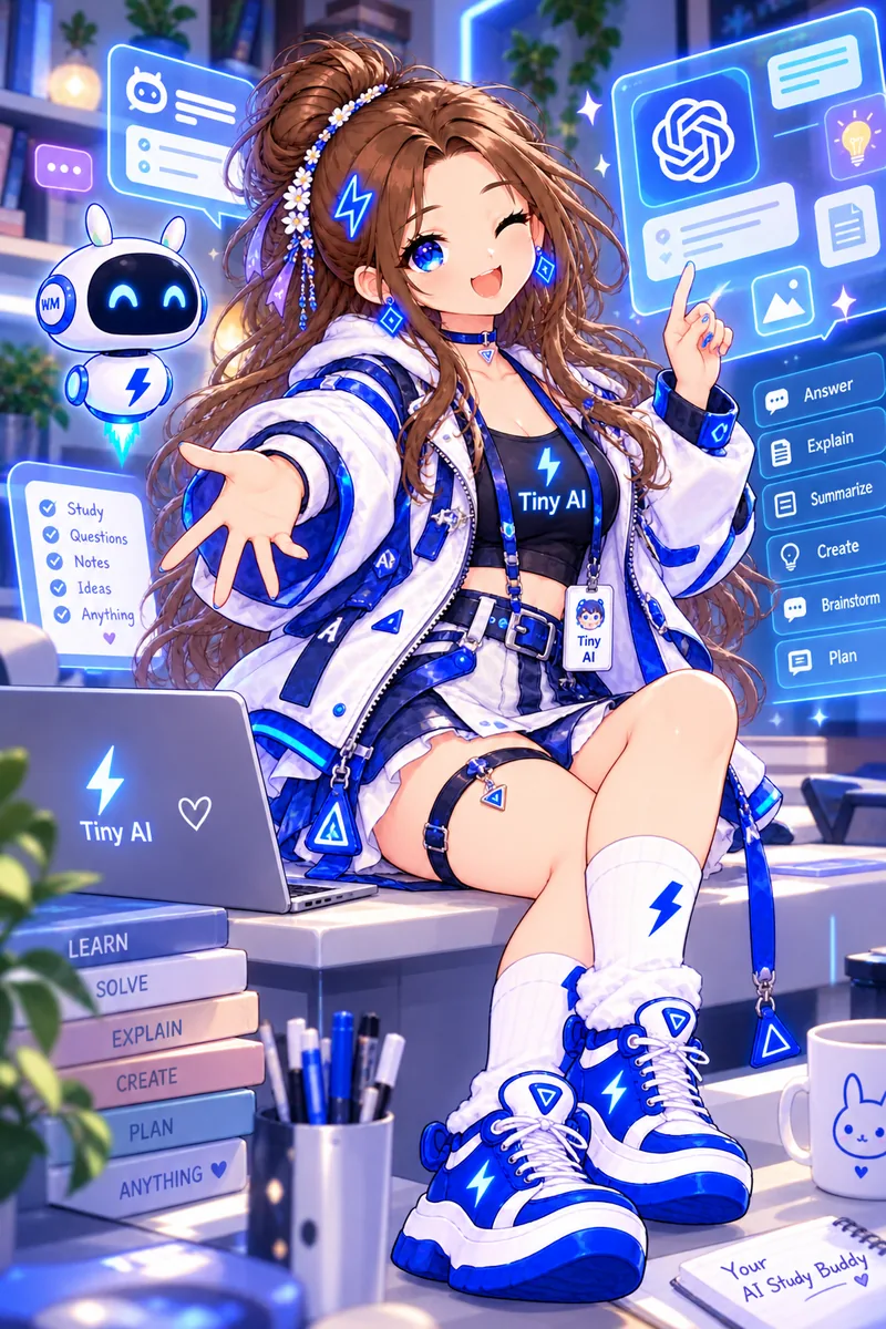 Tiny AI: Tiny reaching toward the viewer beside holograms of a chat window and a list of Answer, Explain, Summarize, Create, Brainstorm and Plan