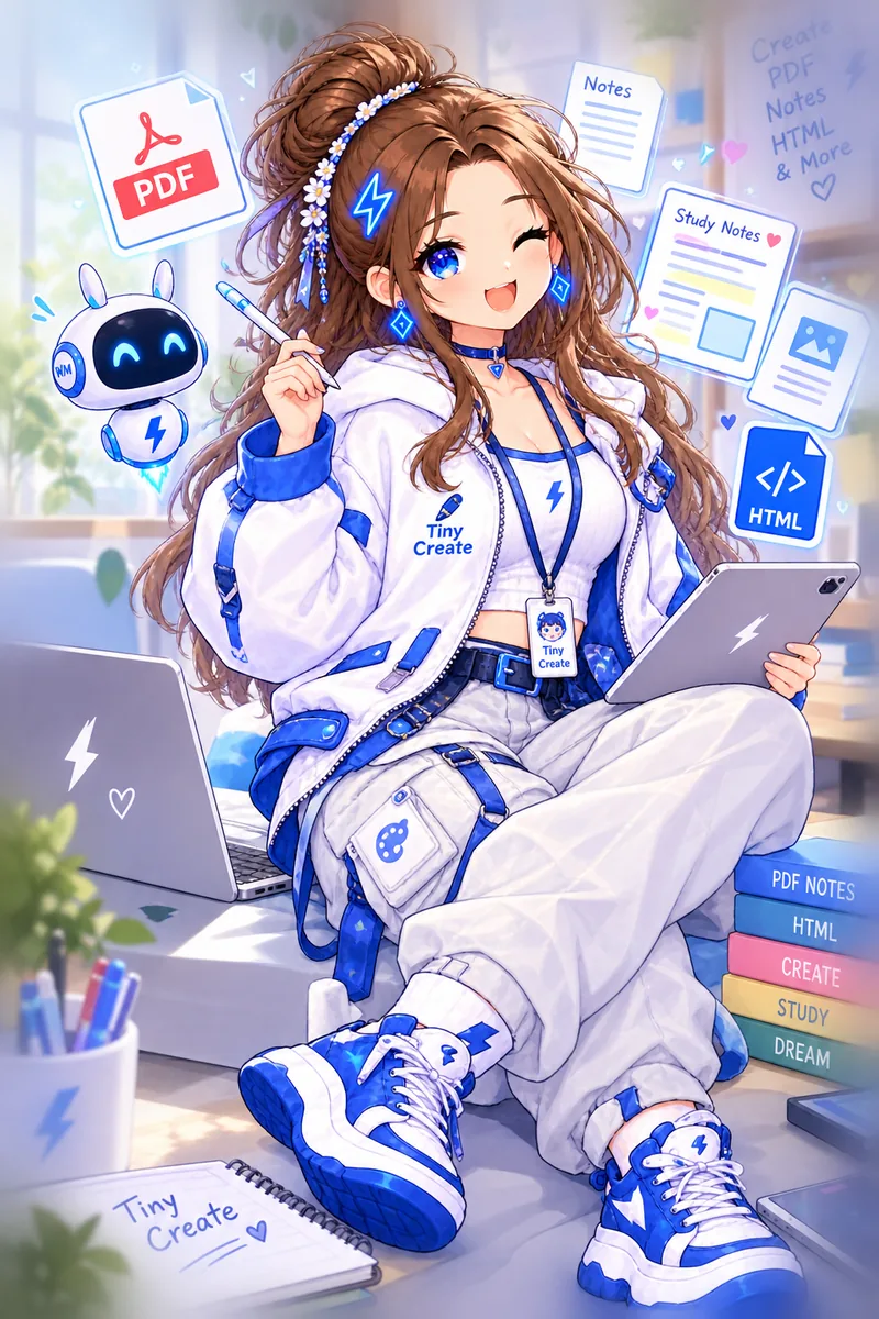 Tiny Create: Tiny in a white and blue jacket sitting with a laptop and tablet, surrounded by floating PDF, notes and HTML files