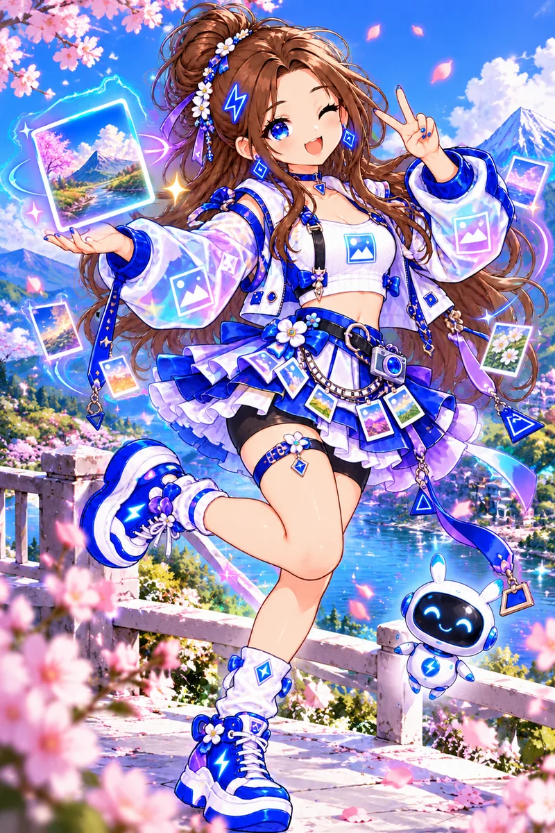 Tiny Image: Tiny posing with a peace sign among cherry blossoms, with glowing photo cards floating around her