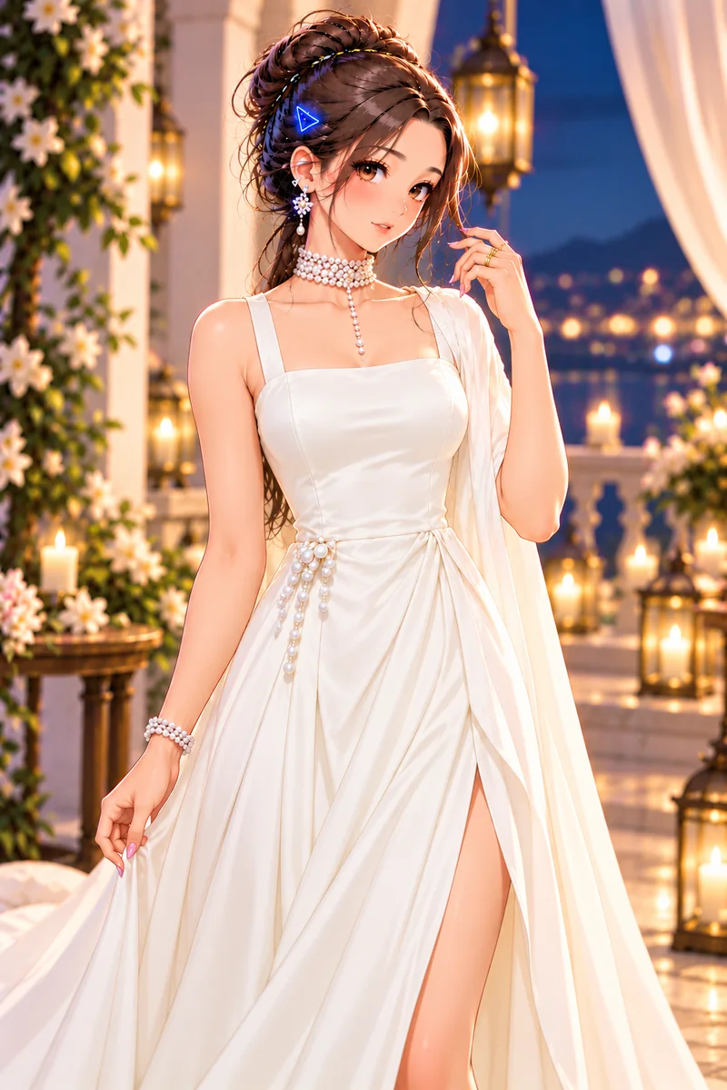 Tiny in a white evening gown with a pearl choker and bracelet on a lantern-lit terrace