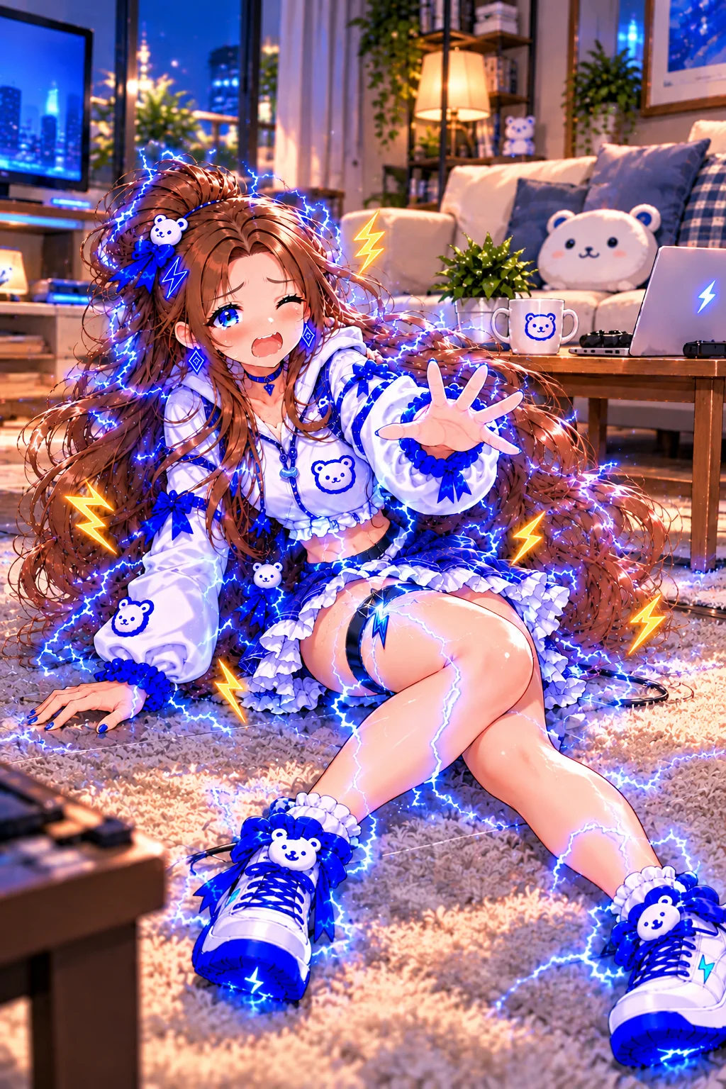 Tiny in a lab, startled by a blue electric shock running from the garter on her leg